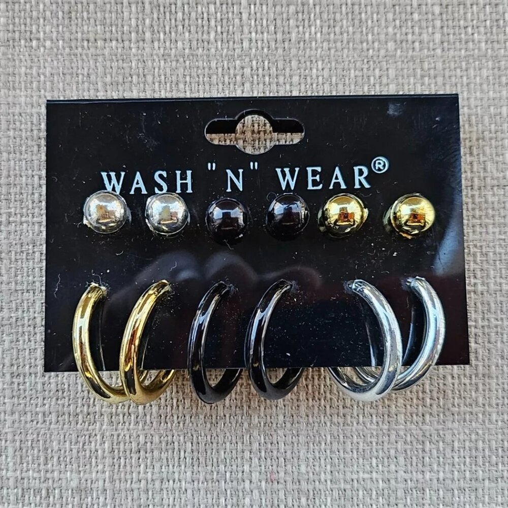 Wash and Wear Earrings Set of 6 Gold Silver Black Tone Fashion Ear Jewelry New